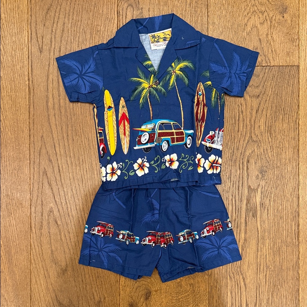 Kids Hawaiian Surf Print Matching Set - Blue